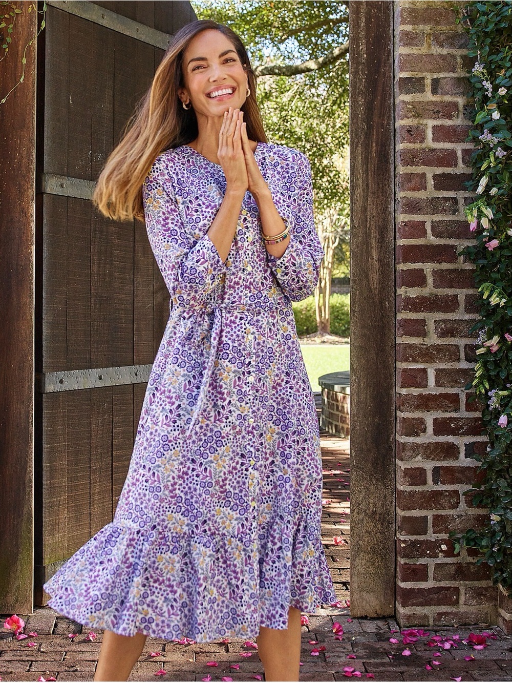 Talbots Lavender Floral Midi Dress with Waist Tie